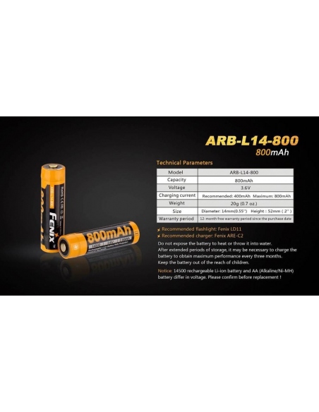 Batteries - Powebanks Fenix 14500 Battery 800mAh