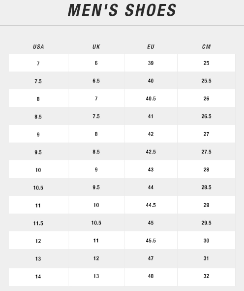 the north face footwear size chart